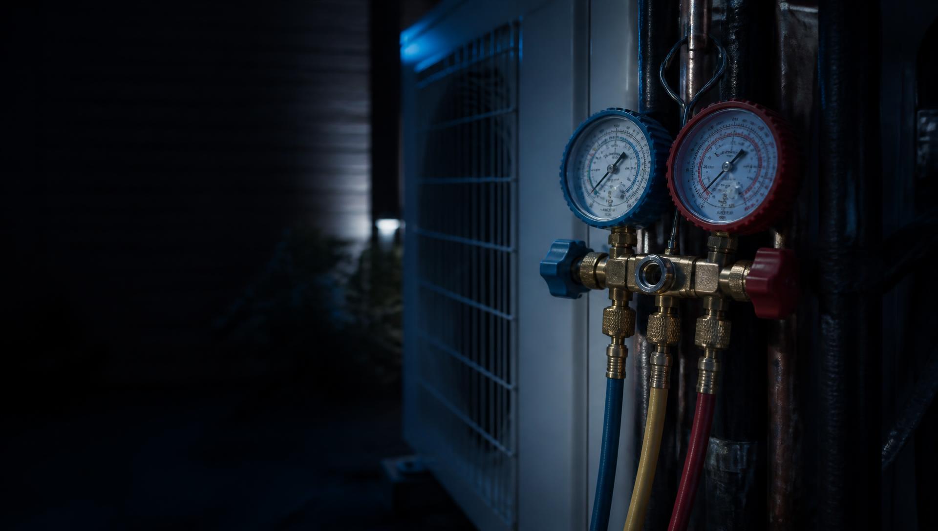 HVAC refrigerant manifold gauges connected to an air conditioning condenser unit